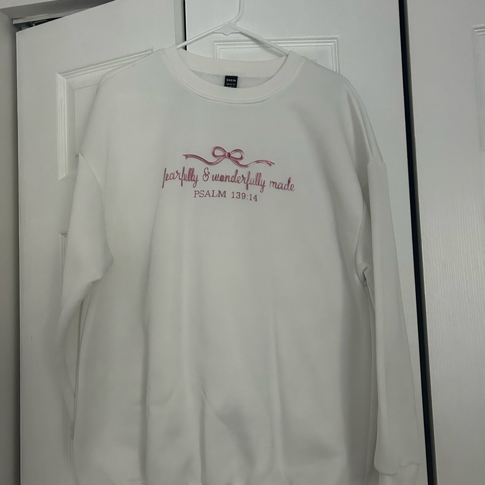 SHEIN White and Pink Crew Neck Sweater with Decorative Design